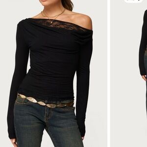 Edikted Black Off-Shoulder Lace Trim Top